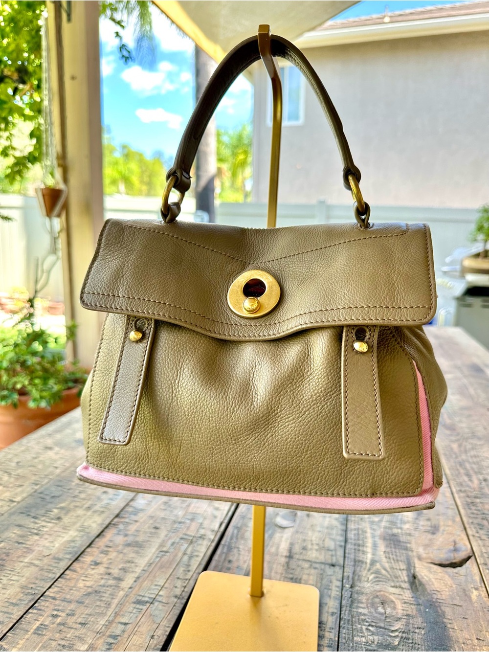 Yves Saint Laurent YSL Small Muse Two Leather & Canvas Satchel Bag - Khaki/Pink